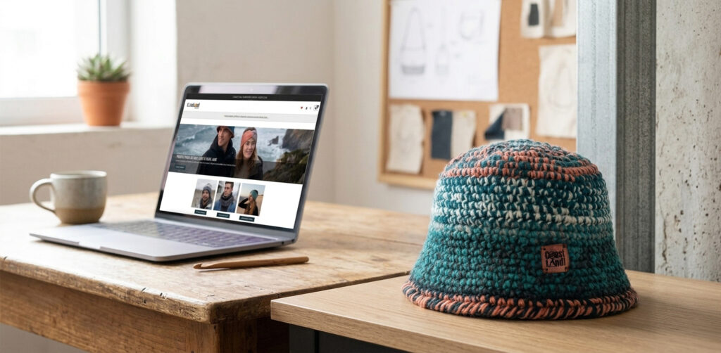 omputador portátil com o novo site da loja online CoastLand aberto ao lado do bucket hat em crochet Ocean Tide numa mesa de madeira.