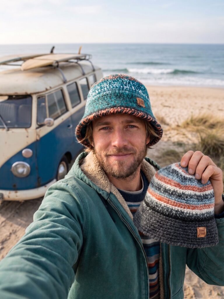 Homem na praia junto a carrinha pão de forma a usar ocean tides bucket hat em crochet azul CoastLand e a segurar o modelo Coral Reef Lines.