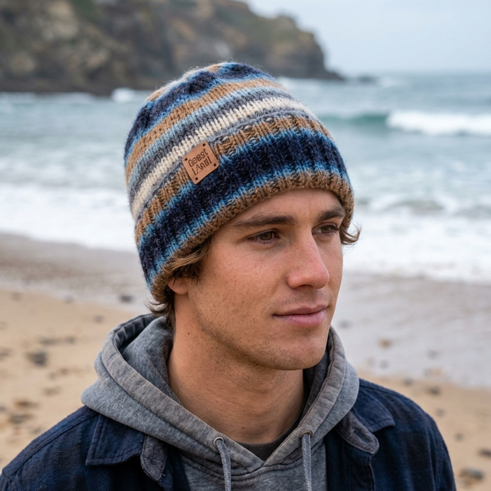 gorro inverno tricot riscas azul bege cinza branco la coastal ridge coastland streetwear