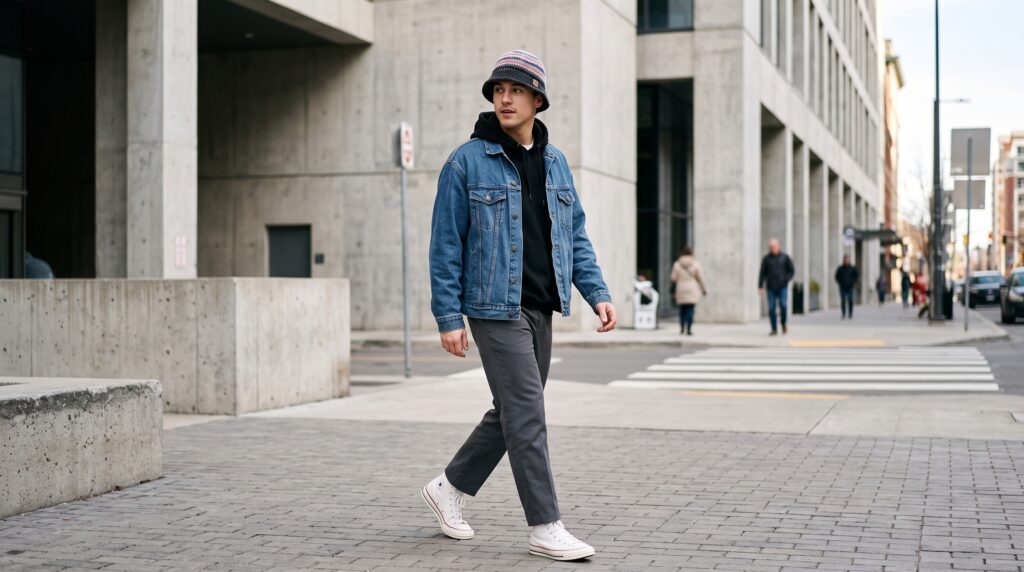 Estilo streetwear urbano com chapéu em crochet artesanal.