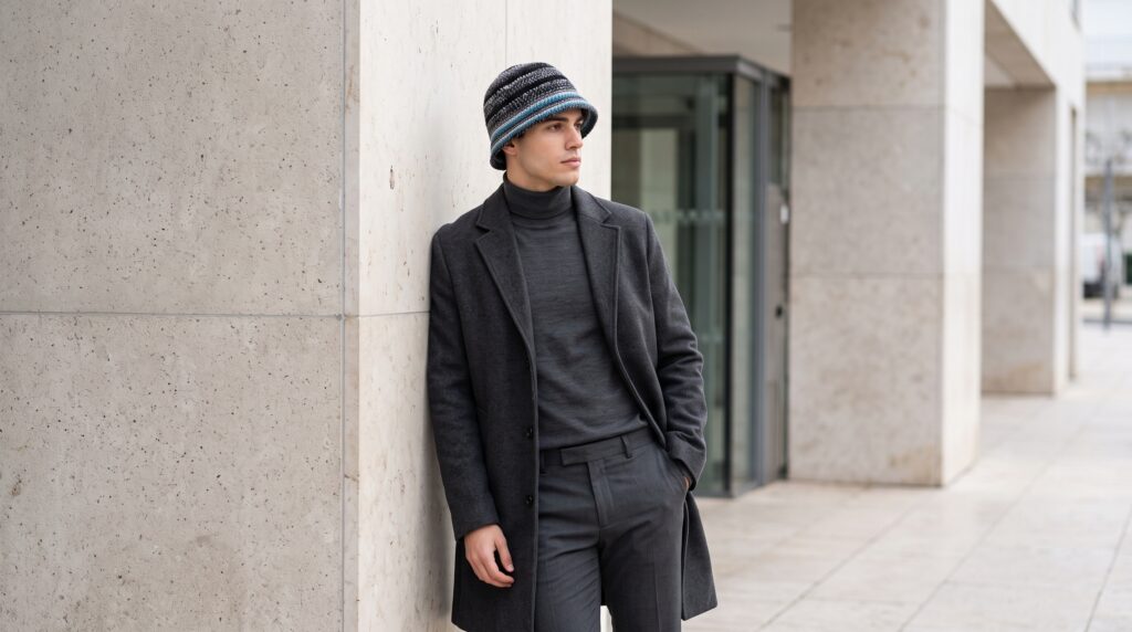 Estilo streetwear urbano com chapéu em crochet artesanal.