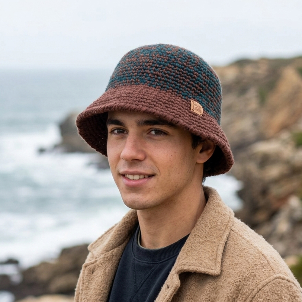 chapeu bucket hat crochet castanho azul petroleo mesclado earth tide coastland streetwear