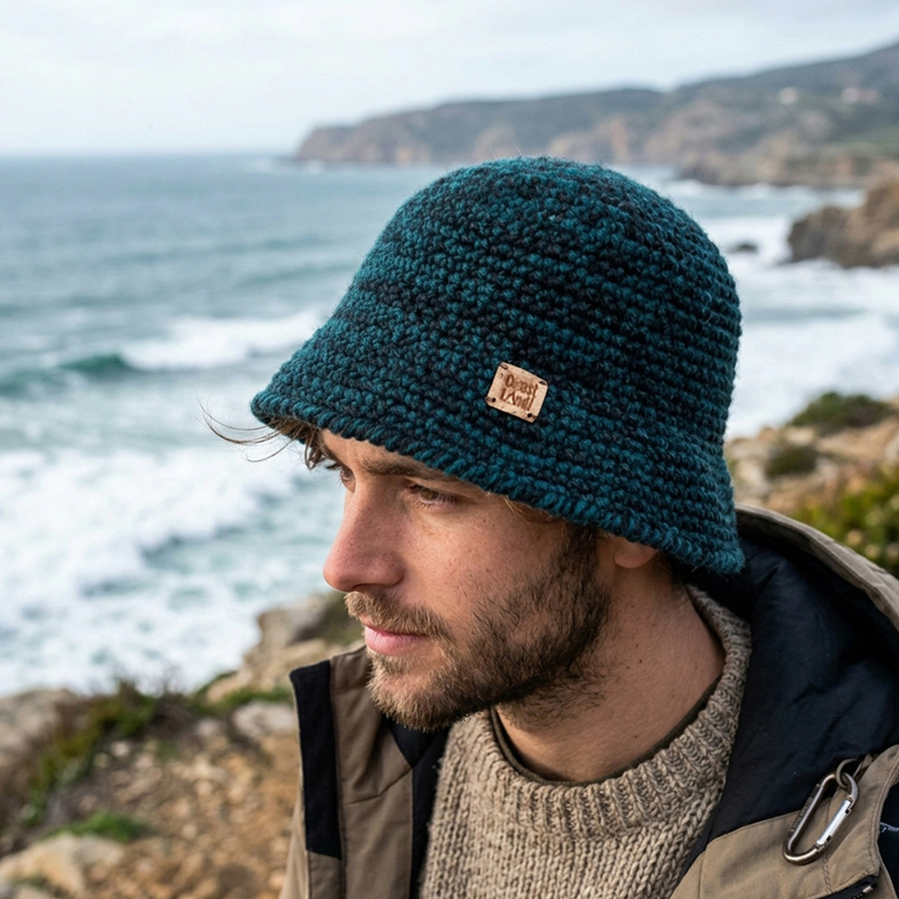 chapeu bucket hat crochet mesclado azul petroleo cinzento escuro teal shadow coastland streetwear
